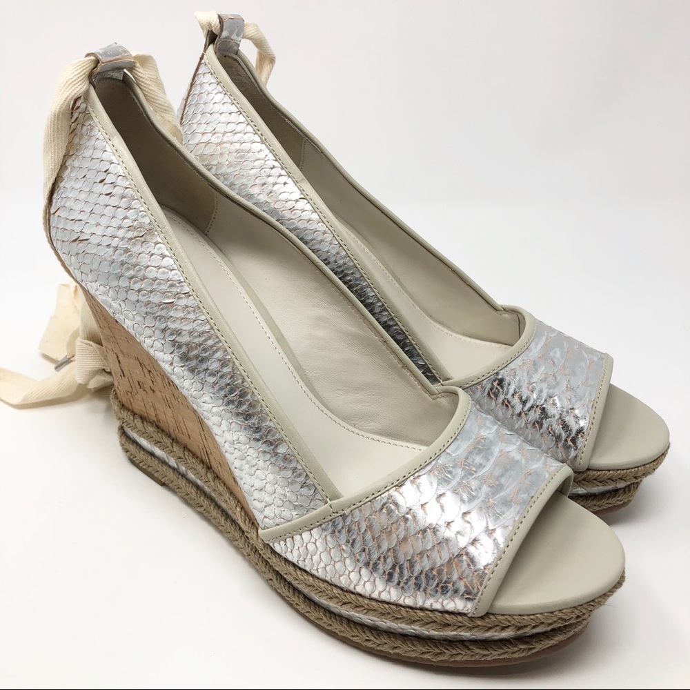 Donald J. Pliner Wedge Women's 10 Naomi Silver Snake Cork Peep Toe Platform